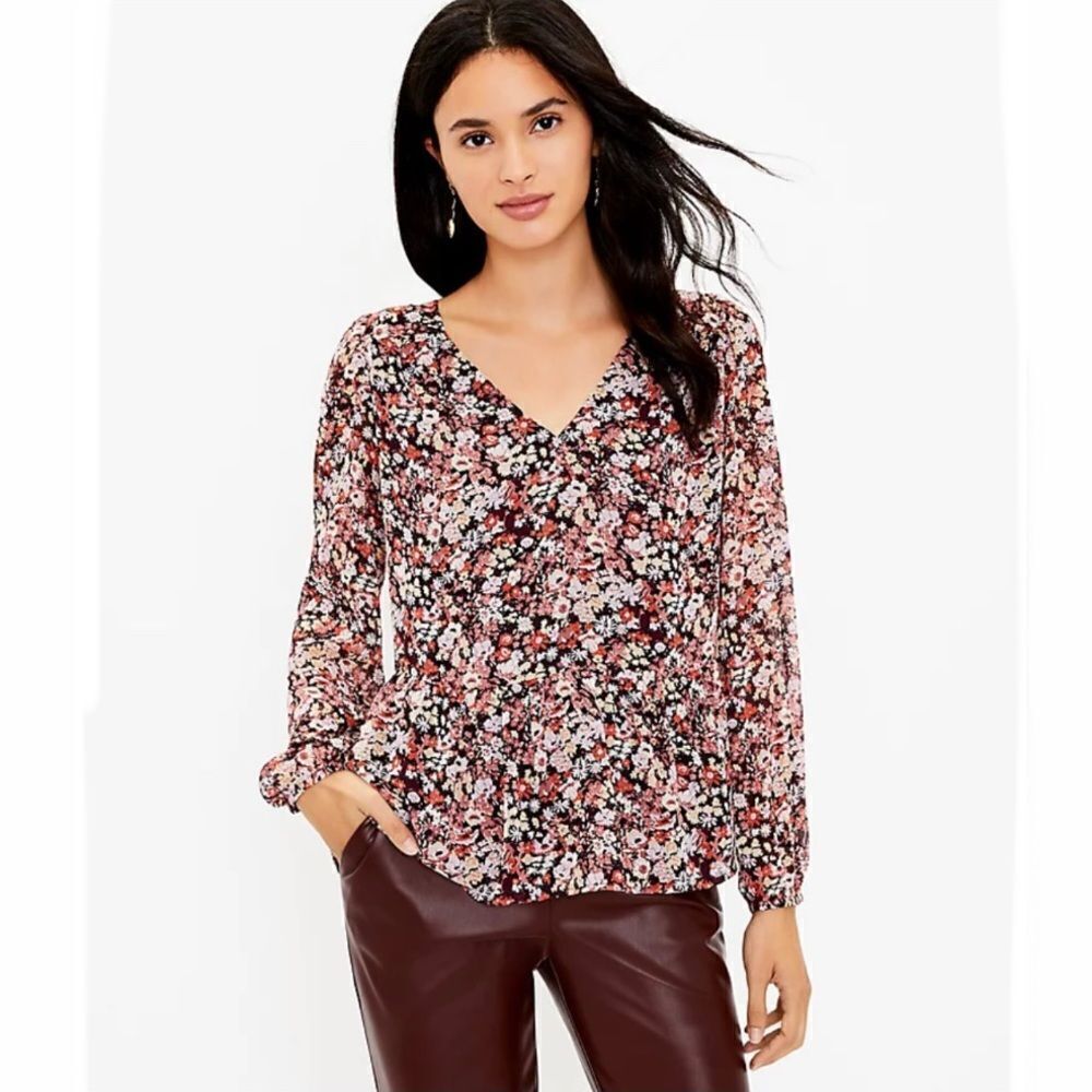 Loft Burgundy Floral V Neck Peplum Blouse